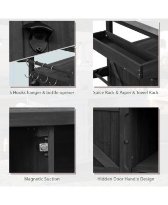 Outdoor Kitchen Island and Rolling Bar Cart, Farmhouse Solid Wood Grill Table with Stainless Steel Top, Spice Rack and Towel Rack