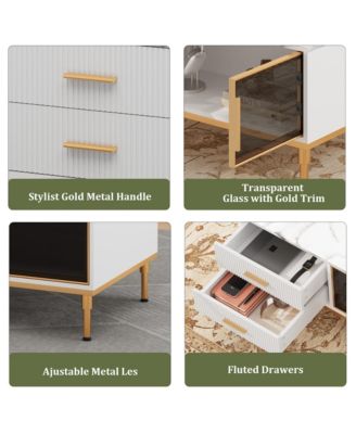 Modern Faux Marble Coffee Table with Storage, 4 Drawers, 2 Glass Doors, Fluted Design, Adjustable Legs