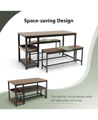 3PCS Rustic Kitchen Dining Set Includes Storage Rack w/ Rectangular Table and 2 Benches