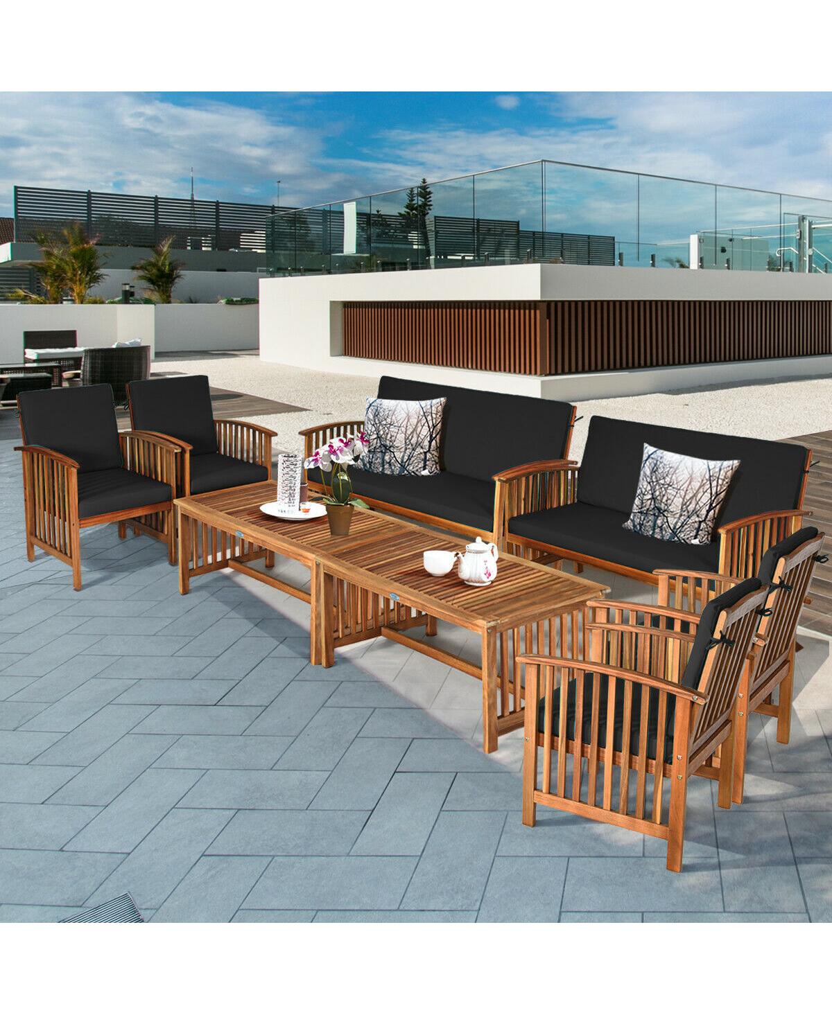 Gymax 8PCS Wooden Patio Conversation Set Outdoor Furniture w/ Cushions Turquoise