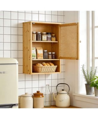 Bathroom Wall Cabinet, Wood Rattan Storage with 3-Tier Shelves and Doors, Medicine Cabinet, Holds 33lbs for Bathroom, Laundry Room