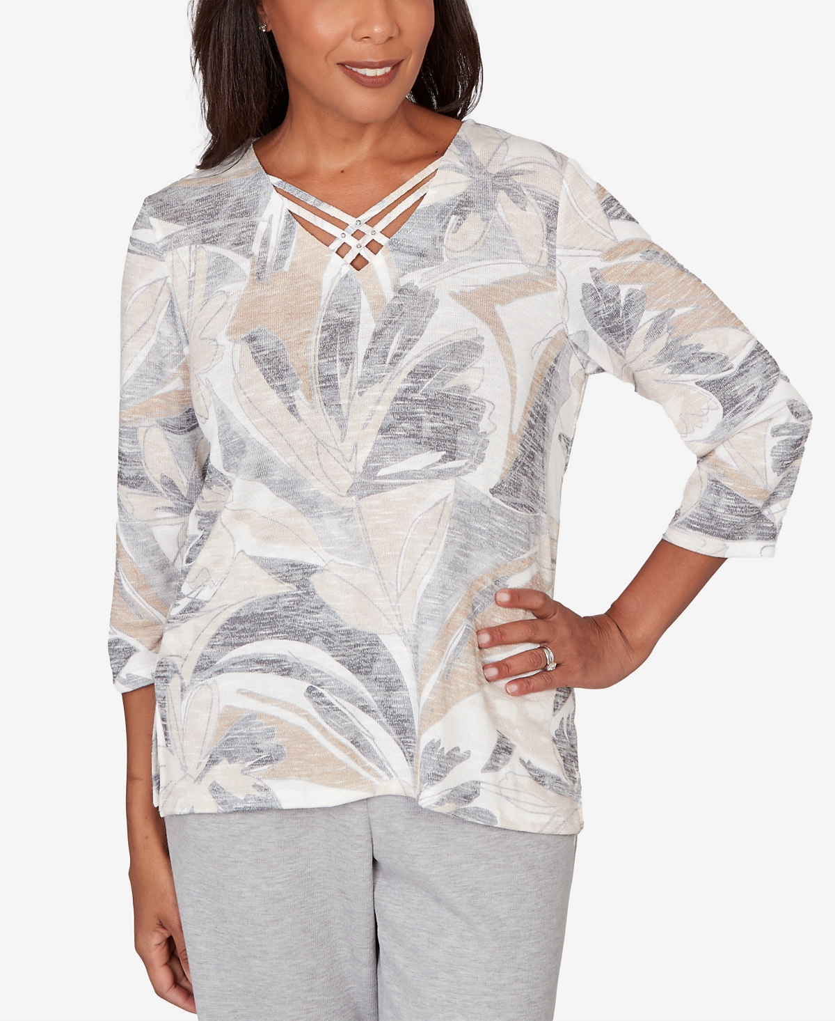 Alfred Dunner Women's Comfort & Joy Leaf Print Crossover V-Neck Top