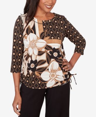Women's Seville Floral Geometric Patchwork Side- Tie Crewneck Top