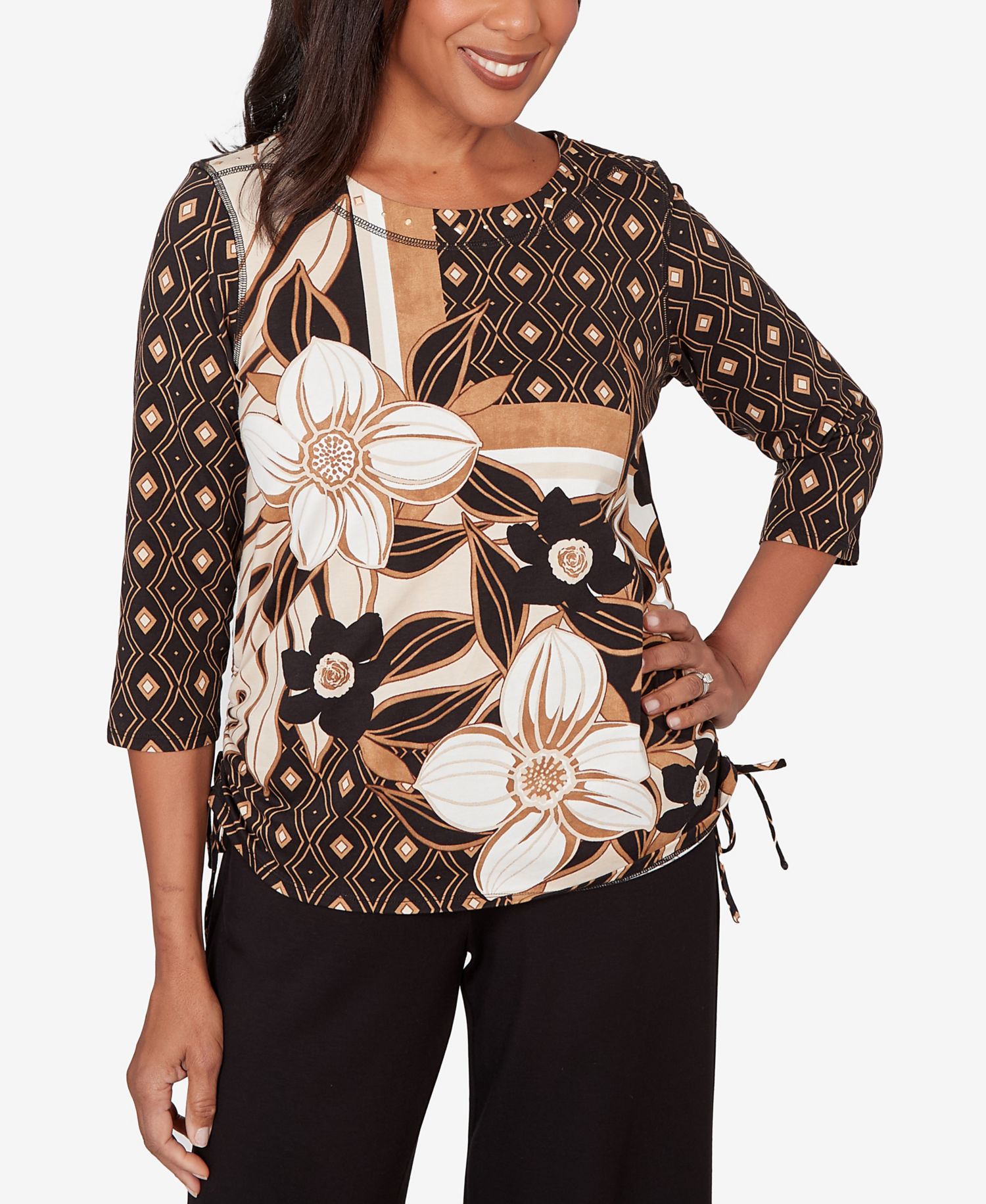 Women's Seville Floral Geometric Patchwork Side- Tie Crewneck Top