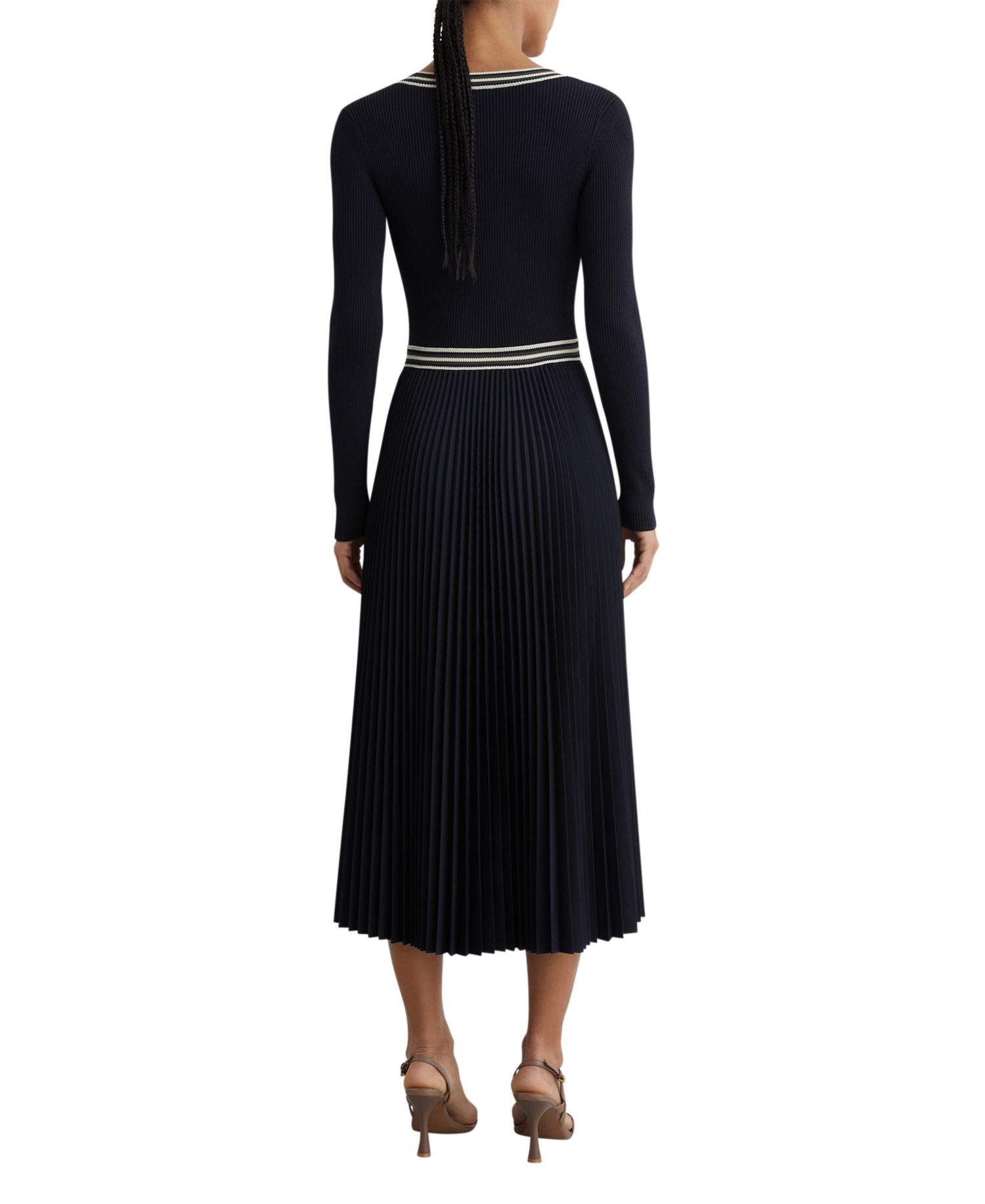 Women's Rib-Knit Stripe-Trim Pleated Midi Dress