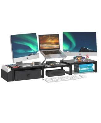 Dual Monitor Stand Riser Drawer Side Pockets Desk Storage desktop organizer