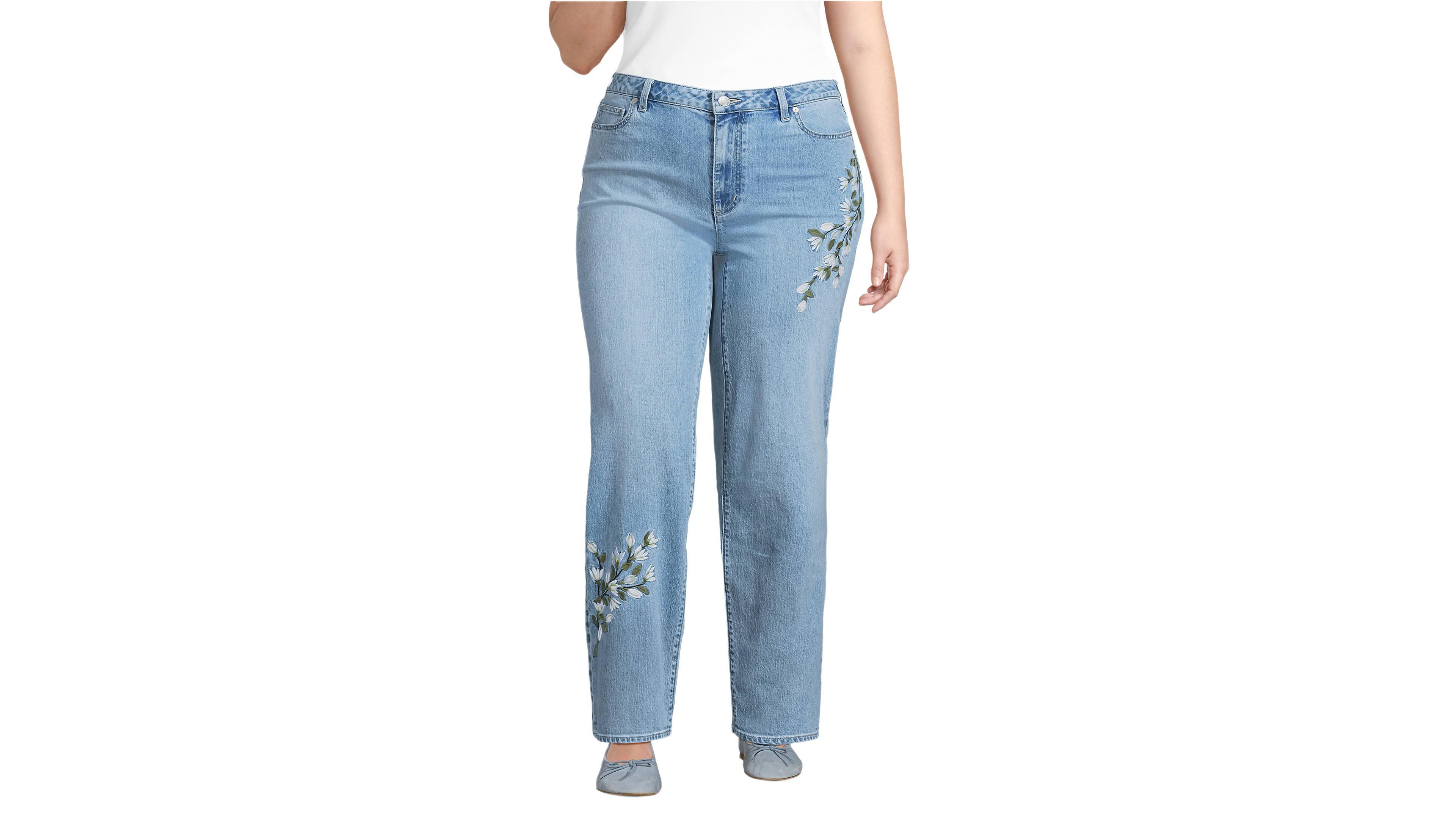 Lands' End Women's Soft Denim Mid Rise Relaxed Straight Leg Embroidered Jeans
