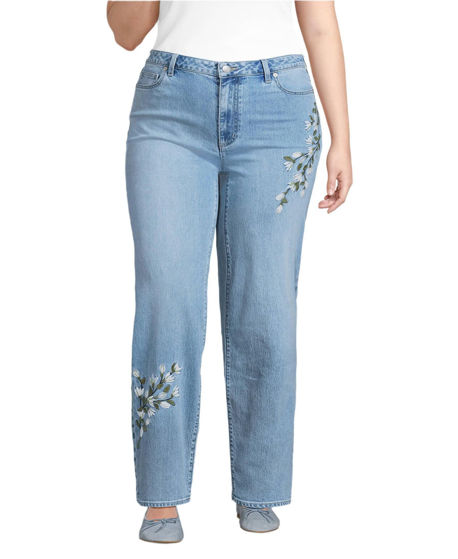 Women's Soft Denim Mid Rise Relaxed Straight Leg Embroidered Jeans