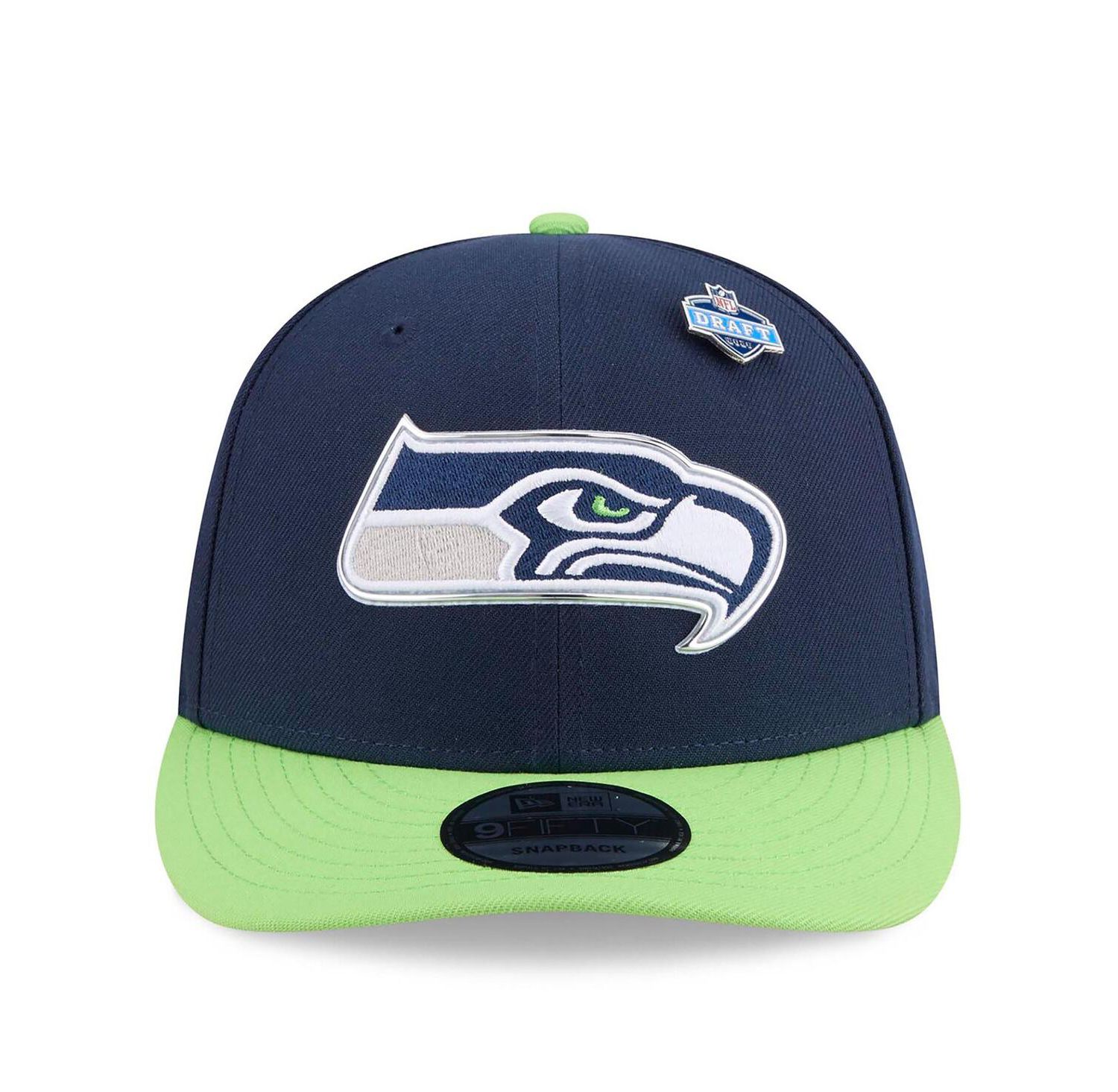 Men's College Navy/Neon Green Seattle Seahawks 2026 NFL Draft On Stage Pre-Curved 9FIFTY Snapback Hat