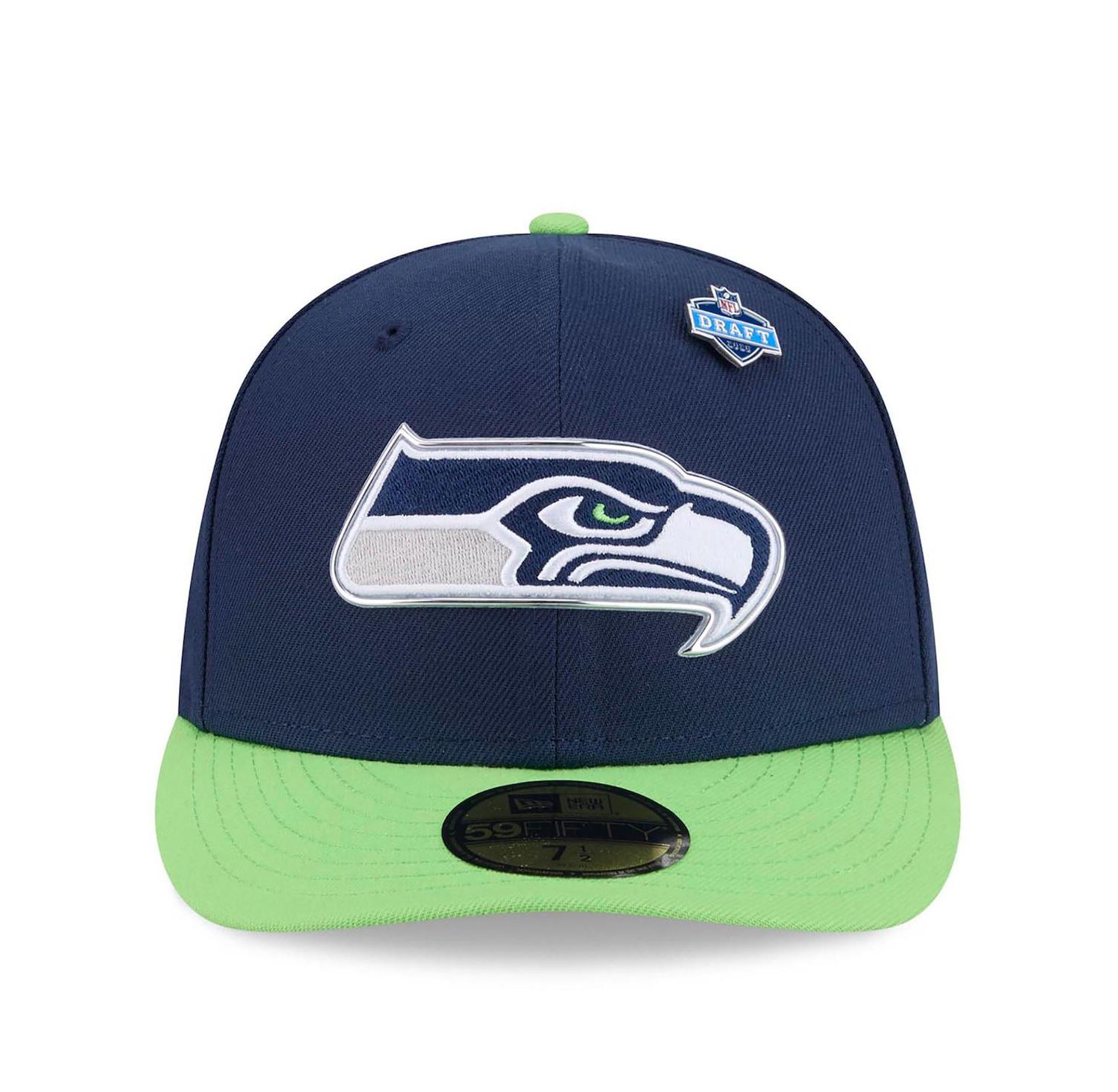 Men's College Navy/Neon Green Seattle Seahawks 2026 NFL Draft Pre-Curved 59FIFTY Fitted Hat