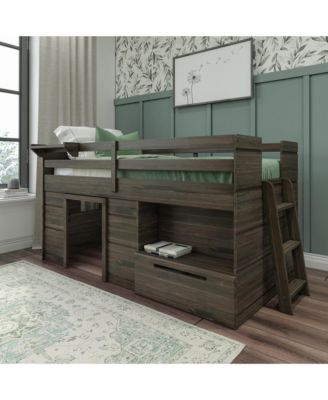 Modern Farmhouse Low Loft Bed with Storage Drawer, Solid Wood Bed for Kids