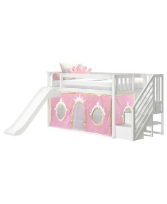 Low Twin over Twin Bunk With Stairs, Easy Slide and Gold Princess Curtain