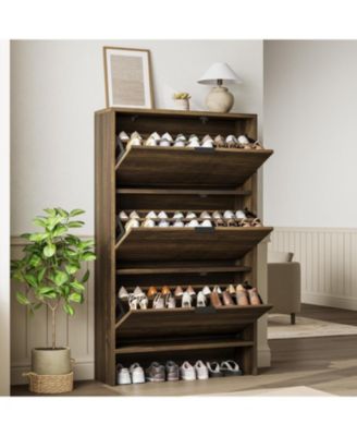 Fluted Shoe Cabinet with 3 Flip Drawers, Wide Slim Entryway Storage