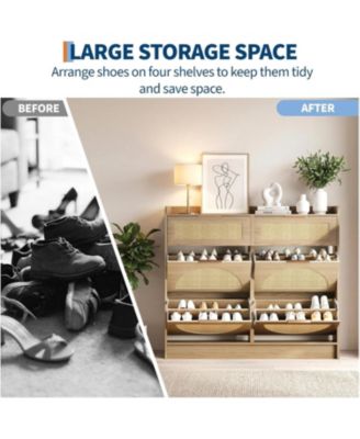 Rattan Shoe Cabinet with Adjustable Shelves and Metal Handles, Narrow Entryway Storage