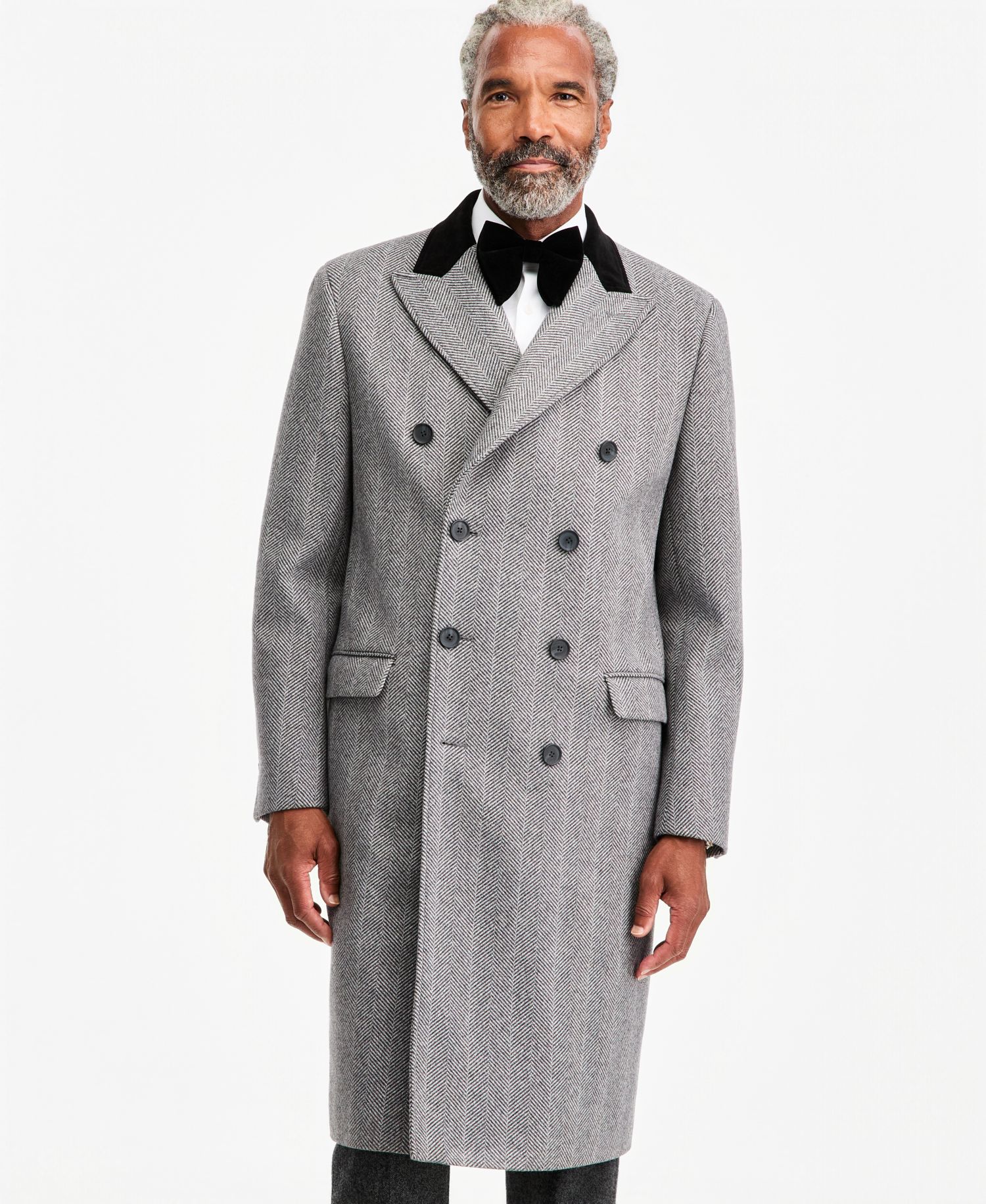 Men's Classic-Fit Herringbone Light Gray Double-Breasted Overcoat