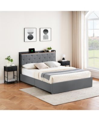 Bed Frame with Four Storage Drawers and USB Charging Station, Bed Frame with Storage Headboard and Wooden Slats Support
