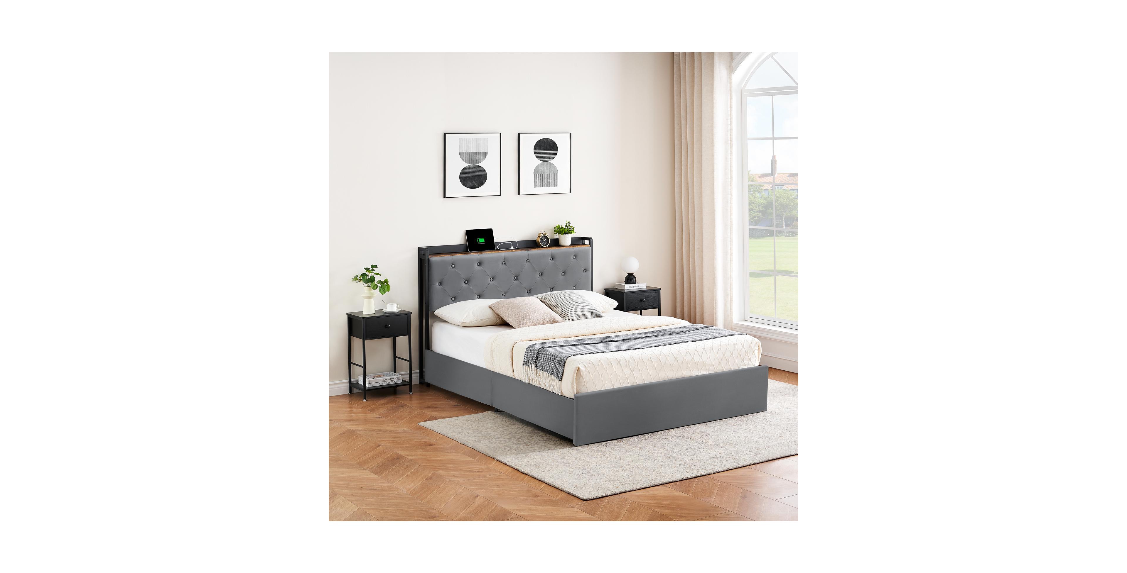 Homfan Bed Frame with Four Storage Drawers and Usb Charging Station
