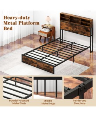 Full Metal and Wood Platform Bed Frame with Storage Drawers and Headboard and Industrial Design