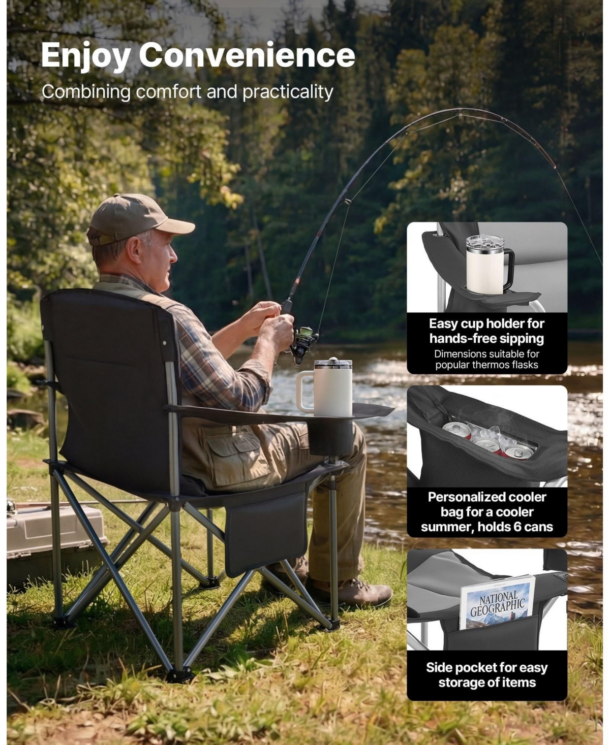 Sugift Heavy-Duty Folding Camping Chair With Padded Armrests Cooler Bag and 450 Lbs Capacity