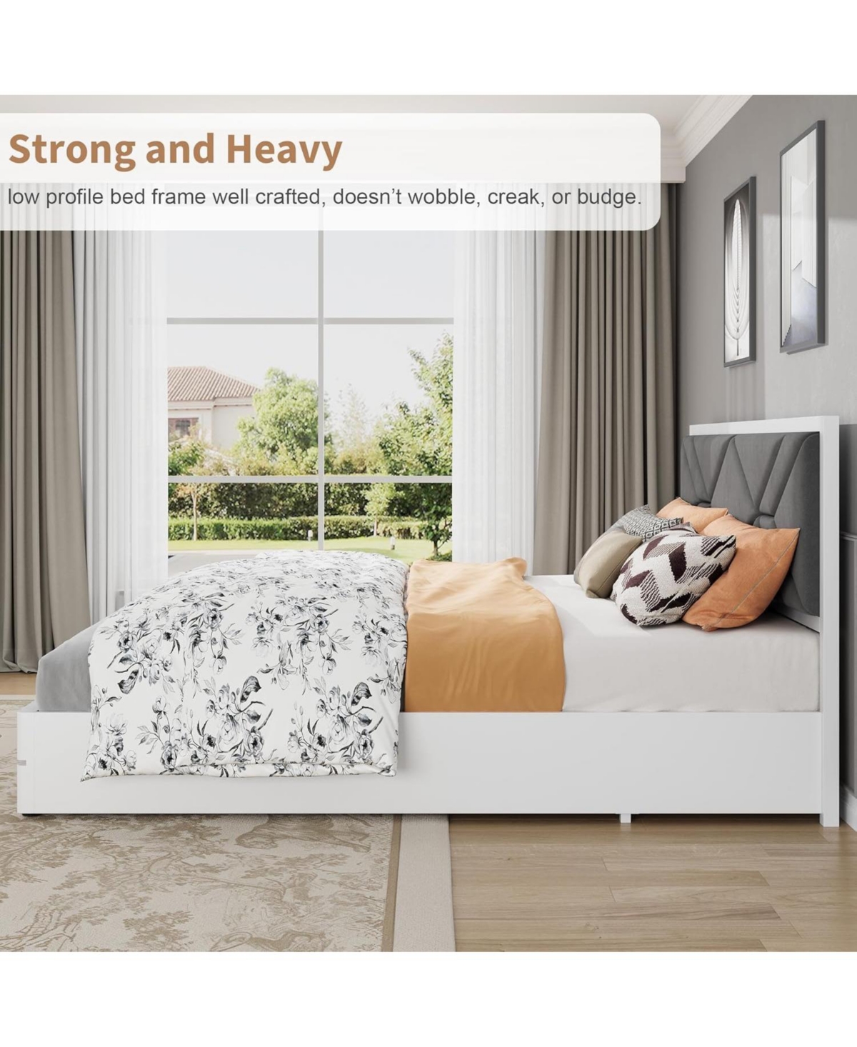 Homfan Modern Soft Upholstered Platform Bed Frame with Headboard - Sturdy Wood Slats