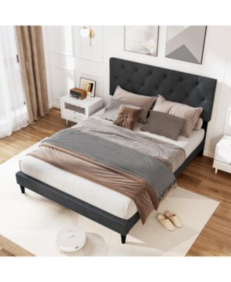 Full Linen Upholstered Platform Bed Frame with Tufted Headboard
