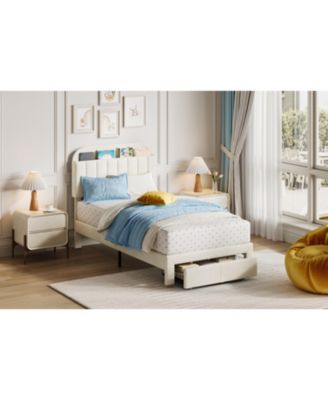 Soft Upholstered Twin Bed Frame for Kids - Storage Drawer and Bookcase Headboard - Noise-Free, Easy Assembly, No Box Spring Needed