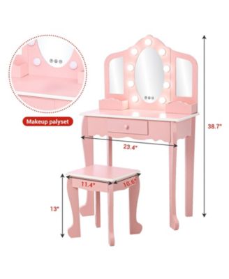 Kids Vanity Set with Lighted Tri Fold Mirror, Wooden Pretend Play Dressing Table with Stool, Storage Drawer & Adjustable LED Modes