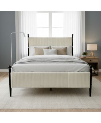 Modern Corduroy Upholstered Bed Frame with Vertical Striped Headboard, Wooden Slats, Metal Legs, No Box Spring Needed