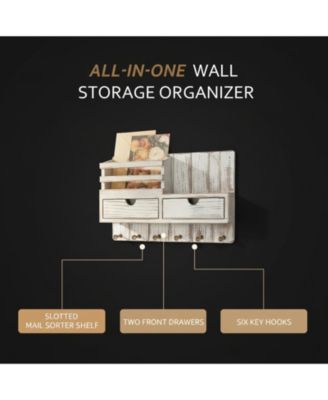 Wall Mounted Key Holder with 2 Drawers 6 Hooks Shelf Mail Organizer Decor