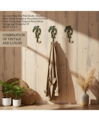 Cast Iron Palm Tree Wall Hooks Rustic Black Decorative Coats Towels Bags Tropical Home Vintage Set Of 3