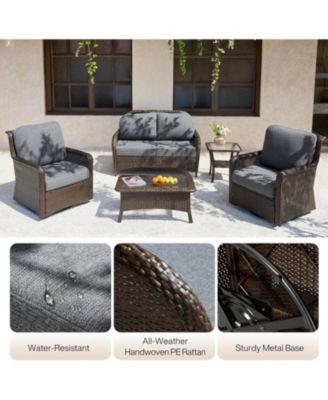 5-Piece Outdoor Wicker Patio Furniture Set with 2 Swivel Chairs, 1 Loveseat and 2 Tables, Rattan Conversation Set with Cushions