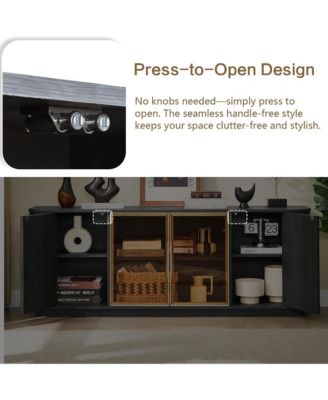 64-Inch Wavy TV Cabinet - Wooden Vertical Stripe Storage Cabinet with Glass Doors and LED Lights, Modern Fluted TV Stand for Living Room