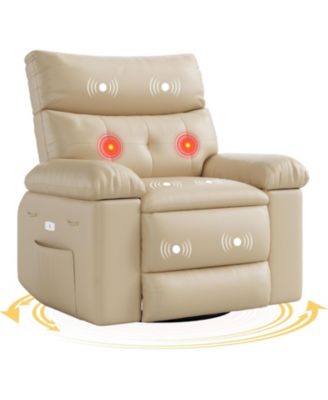 Swivel Rocking Recliner Chair, Oversized PU Leather Reclining Nursery Rockers with Heat and Massage, Rocker Recliner Chair with Pull Handle