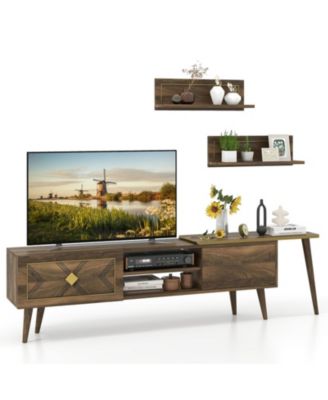 75 in Mid-Century TV Stand with Floating Shelves and Flip Cabinets