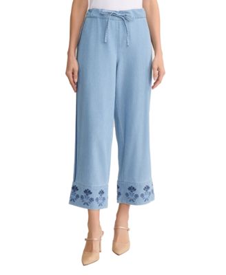 Women's Embroidered Wide-Leg Cotton Pants