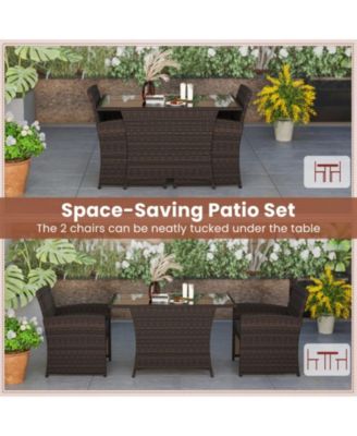 3-Piece Patio Wicker Dining Set with Tempered Glass Table and Cushioned Chairs