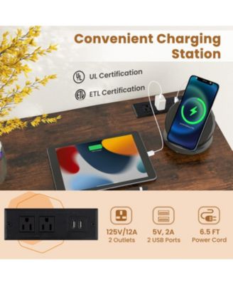 Compact Home Office Desk with Built-In Charging Station, Storage Bag and Headphone Hook