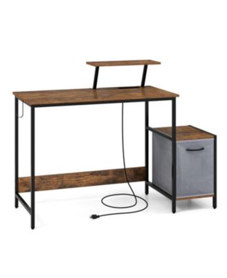 Reversible Computer Desk with Charging Station, Fabric Storage Drawer and Adjustable Shelf