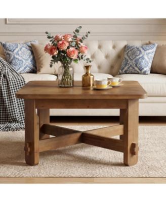 Solid Wood Square Coffee Table, 31.5" Farmhouse Accent Center Table with Sturdy Cross-braced Legs, Mid-Century Modern Tea Cocktail Tables