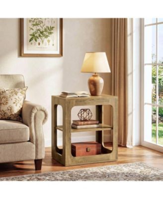 End Table with Storage Shelves, 3-Tier Side Table with Sturdy Base, Farmhouse Wooden Bedside Nightstand