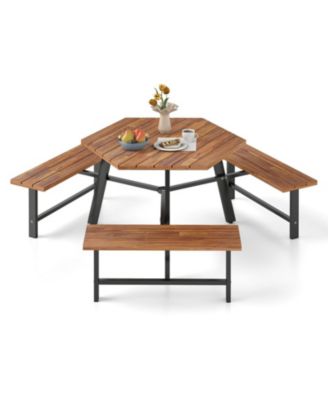 6-Person Acacia Wood Picnic Table and 3-Bench Set with Umbrella Hole