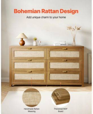 6 Drawer Rattan Dresser, Rattan Chest with Metal Handle