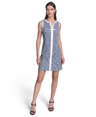 Women's Knit Tweed Sleeveless A-Line with Contrast Frame and Bow Dress
