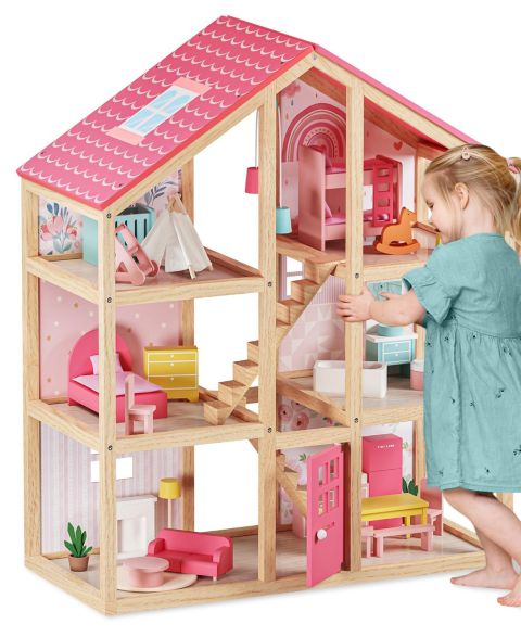 Трёхэтажный деревянный кукольный дом Tiny Land Sweetwood Love, 6 комнат, 31 предмет, 3+
