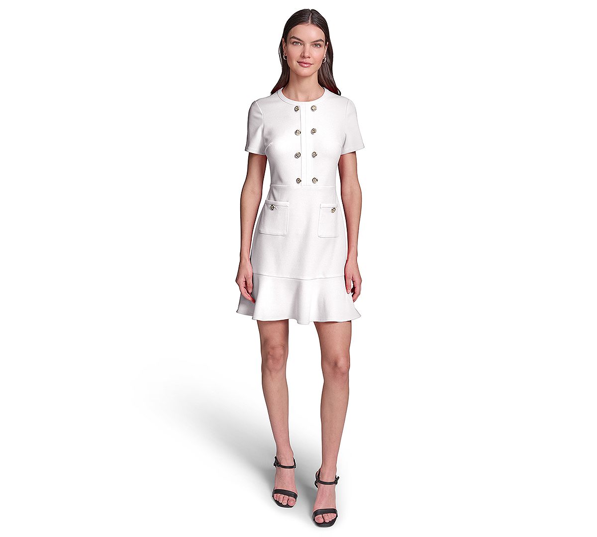 KARL LAGERFELD PARIS Women's Short-Sleeve Scuba Crepe with Flounce Hem and Button Dress view 1 — MAYCSS fashion products