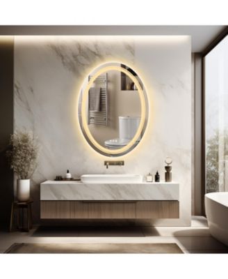 Oval LED Bathroom Mirror 28"x20" Wall Mounted Makeup Mirror Dimmable, Memory, 3 Colors (Front Lights + Backlit)