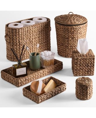 6-Pc Water Hyacinth Bathroom Storage Set, Includes Trays, Trash Bin, Toilet Paper Storage, Tissue Box Cover, Garbage Can