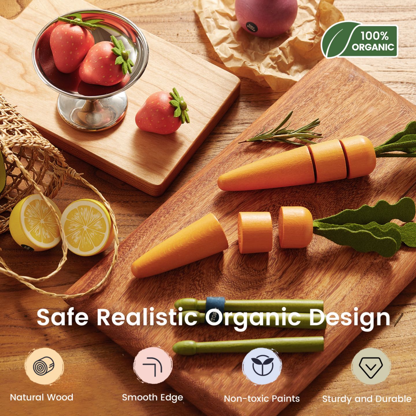 Детские игрушки Tiny Land Natural-Style Wooden 7-Piece Fruit & Veggie Play Set, Ages 2+ — фото 2