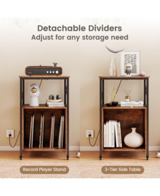 Mobile Record Player Stand with Power Outlet with Open Shelf and Dividers