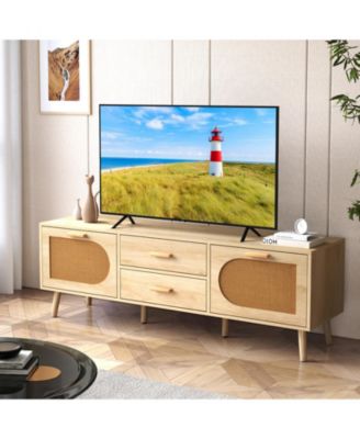 Rattan TV Stand for 65-Inch TV with Drawers and Solid Wood Legs